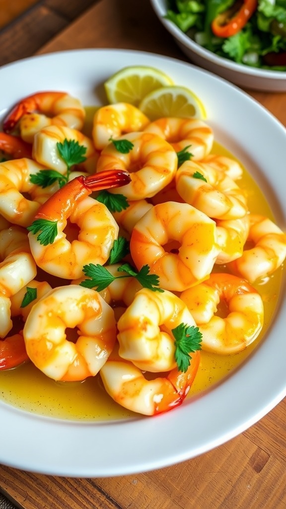 Plate of garlic butter shrimp garnished with parsley and lemon wedges.